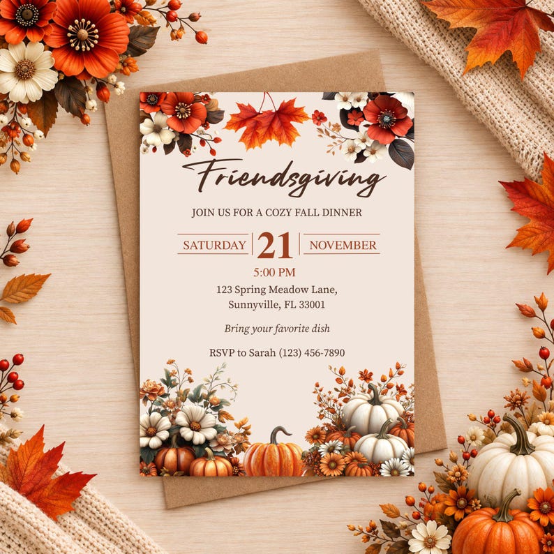 Puede incluir: Una tarjeta de invitaci&oacute;n para Friendsgiving con arreglos florales de oto&ntilde;o, hojas de arce naranjas y calabazas. El texto dice: Friendsgiving, Join us for a cozy fall dinner, Saturday 21 November, 5:00 PM, 123 Spring Meadow Lane, Sunnyville, FL 33001, Bring your favorite dish, RSVP to Sarah (123) 456-7890.