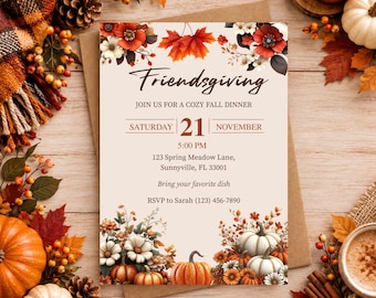 May include: A Friendsgiving invitation card featuring autumn floral and pumpkin illustrations. The text reads: Friendsgiving, Join us for a cozy fall dinner, Saturday 21 November, 5:00 PM, 123 Spring Meadow Lane, Sunnyville, FL 33001, Bring your favorite dish, RSVP to Sarah (123) 456-7890.