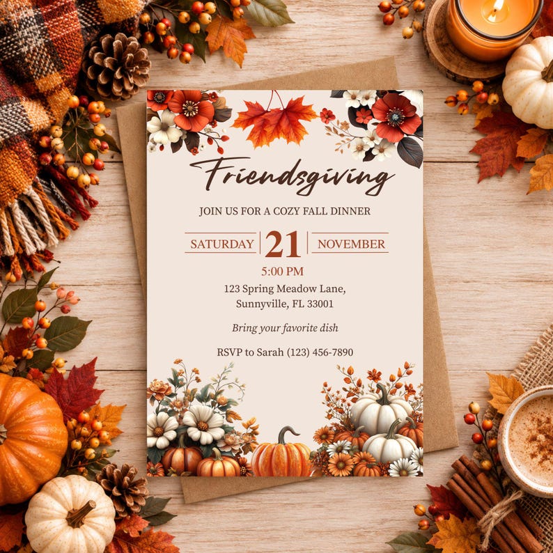 Puede incluir: Una tarjeta de invitaci&oacute;n para Friendsgiving con ilustraciones de flores de oto&ntilde;o y calabazas. El texto dice: Friendsgiving, Join us for a cozy fall dinner, Saturday 21 November, 5:00 PM, 123 Spring Meadow Lane, Sunnyville, FL 33001, Bring your favorite dish, RSVP to Sarah (123) 456-7890.