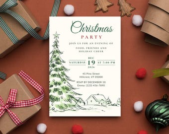 May include: A rectangular Christmas party invitation card featuring a green watercolor illustration of a pine tree and a house. The text reads Christmas Party, Join us for an evening of food, friends and holiday cheer, Saturday Dec 19 2026 at 7:00 PM.