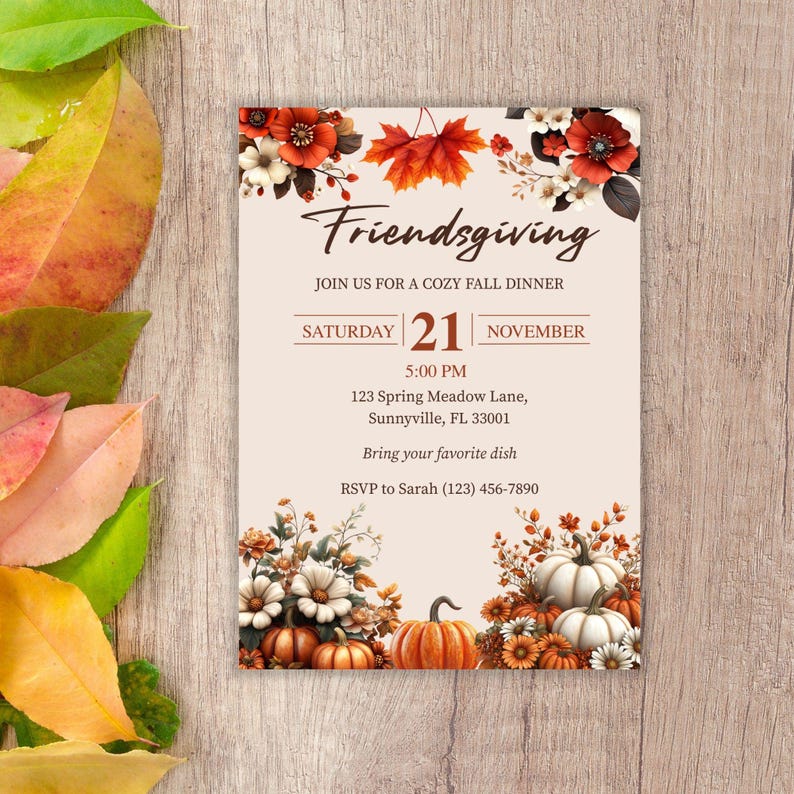 Puede incluir: Una tarjeta de invitaci&oacute;n para Friendsgiving con fondo crema, decorada con hojas de arce naranjas y flores. El texto dice: Friendsgiving, JOIN US FOR A COZY FALL DINNER, SATURDAY 21 NOVEMBER, 5:00 PM, 123 Spring Meadow Lane, Sunnyville, FL 33001.