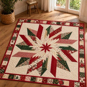 May include: A square quilt featuring a large central star pattern composed of red, green, and cream fabric strips. The star is surrounded by a cream-colored background and a border made of small, alternating squares with floral and tree prints.