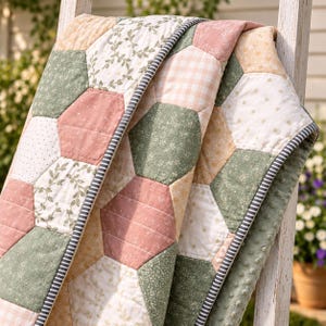 May include: A quilted blanket featuring a patchwork of hexagonal fabric panels in shades of sage green, dusty rose, cream, and yellow. The quilt displays various floral, vine, and gingham patterns, finished with a black and white striped edge.