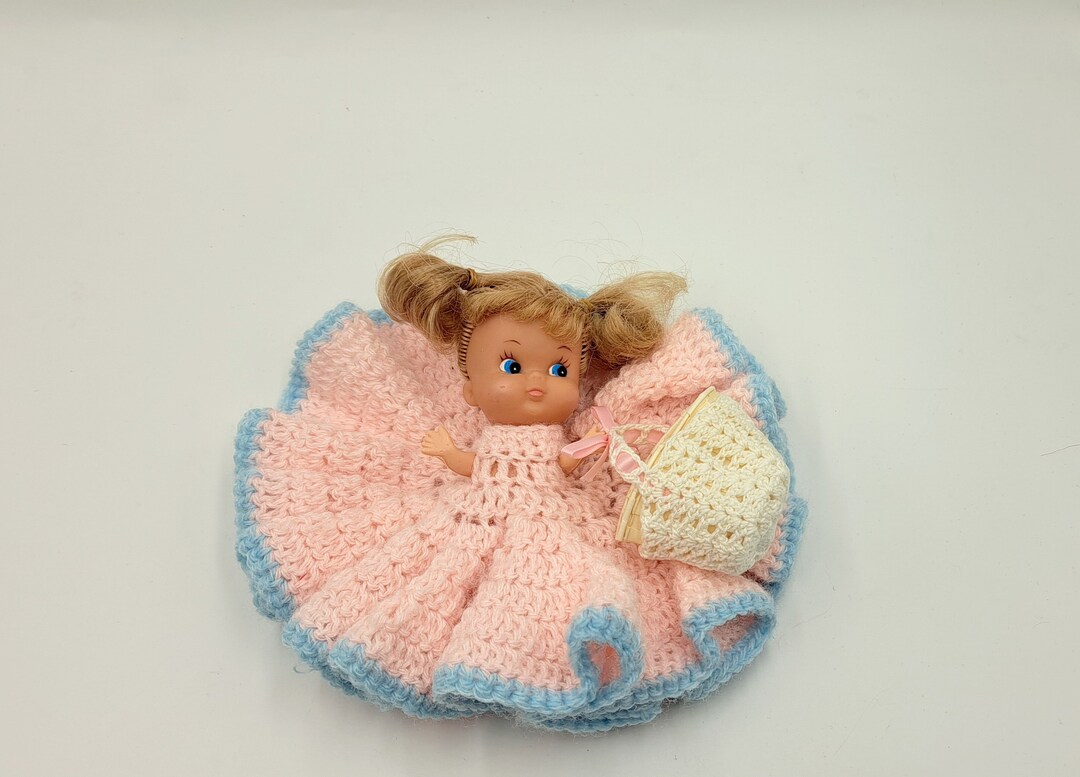 Vintage Bed Doll Small Vinyl Doll With Crocheted Dress Pee Etsy