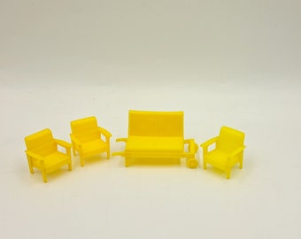 Marx doll house furniture, yellow set of Marx furniture, outdoor couch and chairs, yellow cart, lawn chairs 1:24 scale, 1950s dollhouse