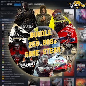 May include: A circular graphic overlay on a Steam library background featuring game titles including Black Myth Wukong, Death Stranding, Cyberpunk, Spider-Man, Expedition 33, Forza Horizon 5, The Witcher, and Call of Duty. Text reads BUNDLE 250.000+ GAME STEAM.
