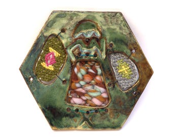 Stoneware ceramic tile with embroidery and weaving - 'Cracks in the Pavement'