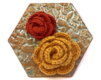 Stoneware ceramic tile with crochet - 'Cracks in the Pavement'