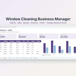 Pode incluir: Uma interface de painel Window Cleaning Business Manager para Google Sheets e Excel. O ecrã apresenta um resumo de 2026 com dados de receitas, lucros, valores não pagos e impostos, além de uma tabela mensal e um gráfico de barras.