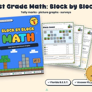 May include: A 1st Grade Math: Block by Block educational workbook featuring tally marks and picture graphs. The blue cover displays pixelated block graphics, a tree, and a sign. Includes 13 pages of printable math practice worksheets.