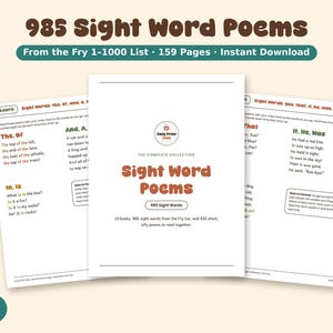 Paquete completo de poemas con palabras de uso frecuente, 985 palabras de uso frecuente de Fry para imprimir, lectura para educación en el hogar, fluidez para K, 1.º y 2.º grado, PDF de práctica de palabras de uso frecuente
