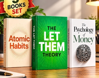 May include: A three-book set featuring Atomic Habits with orange text on a cream cover, The Let Them Theory with white text on a green cover, and The Psychology of Money with black and green text and a metallic brain icon on a white cover.