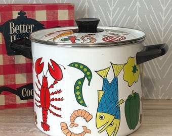 Vintage San Ignacio Nantucket Lobster Fish Graphic MCM Stock Pot w/ Steamer 8 qt.