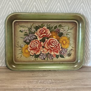 Vintage Large Floral Rose Garden Metal Serving Tray Green
