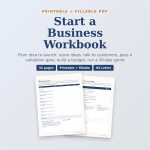 Op de afbeelding: Een printbaar en invulbaar PDF-werkboek getiteld Start a Business Workbook. Het bevat 32 pagina's in US Letter-formaat, met secties voor Idea Scorecard en Go/Fix/Stop om ideeën te scoren, een budget op te stellen en een 30-daagse sprint te draaien.