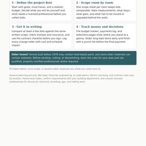 Planificador de reformas del hogar en formato PDF imprimible y rellenable / Seguimiento del presupuesto de la reforma, presupuestos de contratistas, registro de permisos, lista de pendientes, órdenes de cambio