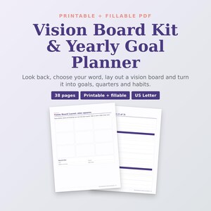 Vision-Board-Set (PDF zum Ausdrucken) | Wort des Jahres, Board-Layouts, Zielsetzungs-Arbeitsblätter, Gewohnheitstracker | Ausfüllbarer Jahresplaner