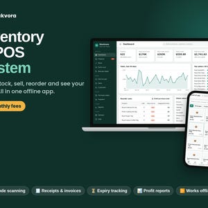 May include: A dark green digital interface display showing the Stockvora Inventory & POS System on a laptop and smartphone. The screens feature data dashboards, sales charts, product lists, and point-of-sale grids with text labels for features like barcode scanning and receipts.