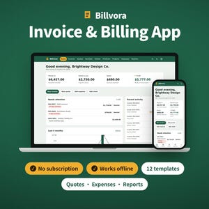 May include: A laptop and smartphone displaying the Billvora Invoice & Billing App interface. The screen shows financial data, including money in, owed to you, spent, and profit. Text includes No subscription, Works offline, 12 templates, Quotes, Expenses, and Reports.