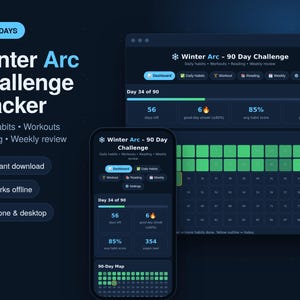 Può includere: Un'interfaccia digitale per il monitoraggio della sfida Winter Arc 90 Day Challenge visualizzata su desktop e mobile. La dashboard scura presenta barre di avanzamento, griglie verdi per il monitoraggio delle abitudini e statistiche.