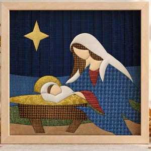 Mary Beside The Manger - Kinusaiga Pattern PDF, Nativity Fabric Art, 3 Colourways
