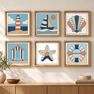May include: A set of six square framed wall art prints featuring nautical themes including a red and white lighthouse, a sailboat, a seashell, a beach hut, a starfish, and a life preserver ring, all displayed in light wood frames.