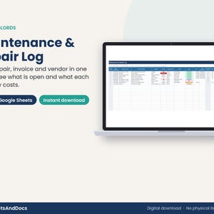 Può includere: Un foglio di calcolo digitale per il registro di manutenzione e riparazioni per proprietari visualizzato su uno schermo di un portatile. Il testo recita FOR LANDLORDS, Maintenance & Repair Log, Every repair, invoice and vendor in one place, Excel + Google Sheets, Instant download.