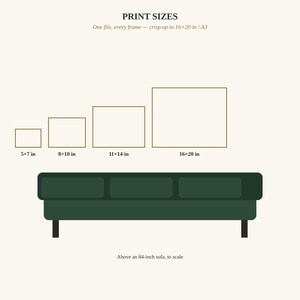 K&ouml;nnte beinhalten: Eine Grafik mit vier rechteckigen Rahmen in den Gr&ouml;&szlig;en 5x7 in, 8x10 in, 11x14 in und 16x20 in &uuml;ber einem dunkelgr&uuml;nen 84-Zoll-Sofa. Der Text lautet PRINT SIZES, One file, every frame &mdash; crisp up to 16x20 in / A3 und Above an 84-inch sofa, to scale.