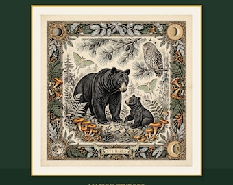 May include: A square print featuring a black bear and cub in a forest setting with an owl, moths, and mushrooms. The border includes moon phases and foliage. A banner at the bottom displays the text STURGES in a vintage engraving style.