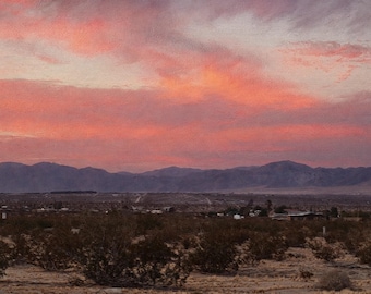 May include: A landscape painting of a desert at sunset featuring a vibrant pink and orange sky above dark, silhouetted mountain ranges. The foreground shows low-lying desert shrubs and sparse vegetation across a dry, sandy terrain.