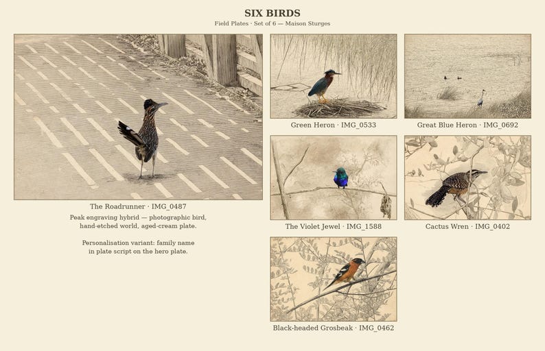 May include: A set of six bird-themed field plates titled SIX BIRDS by Maison Sturges. The collection features sepia-toned illustrations of a roadrunner, green heron, great blue heron, violet jewel, cactus wren, and black-headed grosbeak.