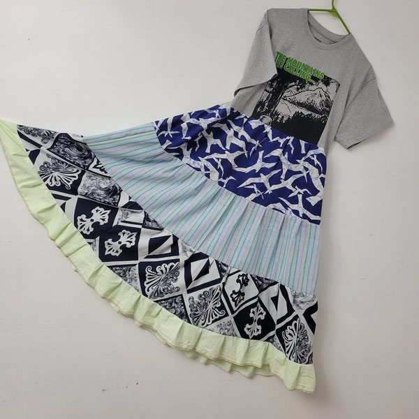 Bohemian Gypsystyle Dress, Upcycled t-shirt Prairie Dress, Handmade Hippie Festival Dress