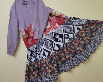 Vestido camisero de patchwork reciclado: estilo bohemio hippie hecho a mano