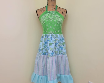 Delantal de mercado completo para mujer, delantal de jardinería con bandana, top estilo hippie con cuello halter hecho a mano para festivales