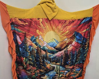 Capa larga con capucha, capa asimétrica de cuento de hadas, ruana térmica reciclada, moda ecológica bohemia hecha a mano, arte para vestir