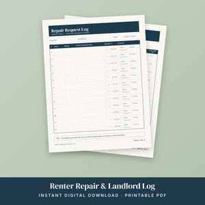 Può includere: Un documento stampabile di registro delle richieste di riparazione con un'intestazione blu scuro e testo bianco. Il modulo include colonne per inquilino, indirizzo, unità, inizio locazione, data, stanza, descrizione del problema, priorità, stato e caselle di controllo.