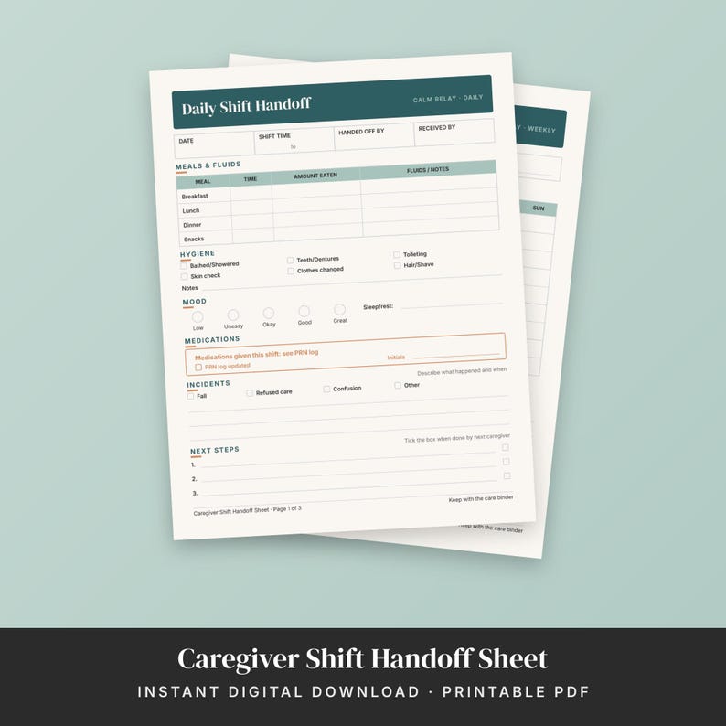 Caregiver Handoff Sheet Printable, Caregiver Shift Notes, Daily Care ...