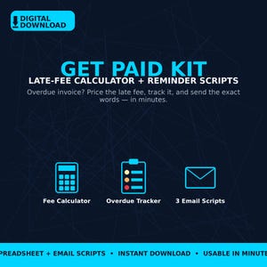 May include: A digital download Get Paid Kit featuring a late-fee calculator and reminder scripts. The dark blue graphic includes icons for a fee calculator, overdue tracker, and three email scripts with text explaining the tool's purpose.