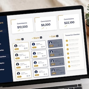 May include: A laptop screen displaying a Real Estate CRM dashboard with a dark blue sidebar, white background, commission totals, lead categories labeled Hot, Warm, and Cold, and a Transaction Checklist with gold checkmark icons.