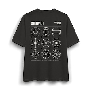 May include: A black short-sleeve t-shirt featuring a white graphic print on the back. The design displays the text STUDY 01 and RESONANCE MODES above a grid of nine circular scientific diagrams illustrating various wave patterns and shapes.