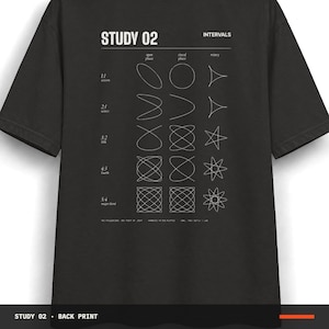 May include: A black short-sleeve t-shirt featuring a white graphic print on the back. The design displays a chart titled STUDY 02 INTERVALS, showing various geometric wave patterns and mathematical ratios labeled with text like 1:1 unison, 2:1 octave, 3:2 fifth, 4:3 fourth, and 5:4 major third.