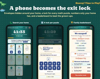 Math Escape Room for Kids with Phone Lock, Printable Dinosaur Math Game, Times Tables, Fractions, Personalized Family Game, Ages 6-12