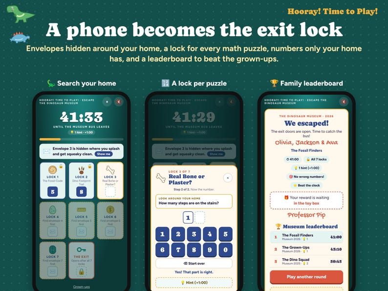 Math Escape Room for Kids with Phone Lock, Printable Dinosaur Math Game, Times Tables, Fractions, Personalized Family Game, Ages 6-12 image 1