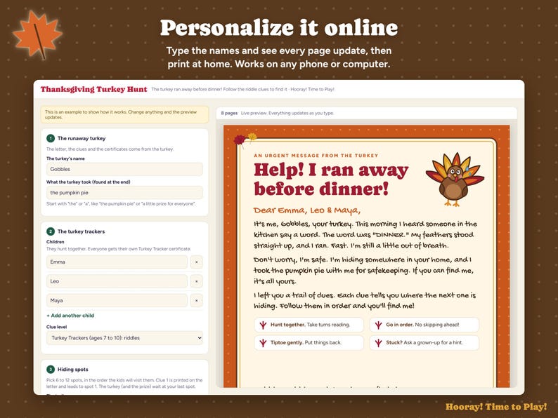 Thanksgiving Scavenger Hunt for Kids, Personalized Turkey Hunt, Runaway Turkey Riddle Clues, Printable Thanksgiving Game, Instant Download 画像 2