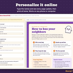 May include: A digital You've Been Booed! kit interface featuring a personalization form on the left and a How to boo your neighbors instruction sheet on the right. The layout includes text fields for family names, neighborhood details, and dates.