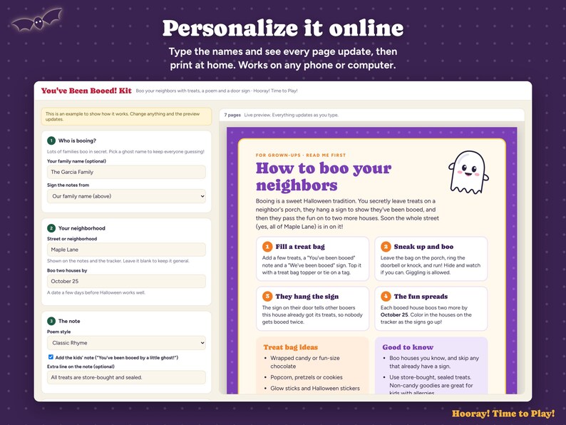 May include: A digital You've Been Booed! kit interface featuring a personalization form on the left and a How to boo your neighbors instruction sheet on the right. The layout includes text fields for family names, neighborhood details, and dates.