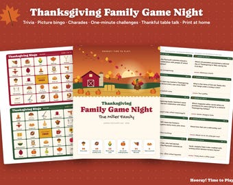 May include: A Thanksgiving Family Game Night printable set featuring trivia, picture bingo, charades, one-minute challenges, and table talk cards. The central cover displays a farm scene with a turkey, barn, and autumn foliage, with game sheets visible on both sides.