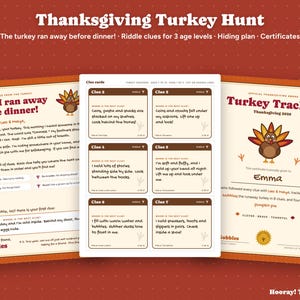 Thanksgiving Scavenger Hunt for Kids, Personalized Turkey Hunt, Runaway Turkey Riddle Clues, Printable Thanksgiving Game, Instant Download