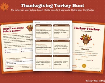Thanksgiving Scavenger Hunt for Kids, Personalized Turkey Hunt, Runaway Turkey Riddle Clues, Printable Thanksgiving Game, Instant Download