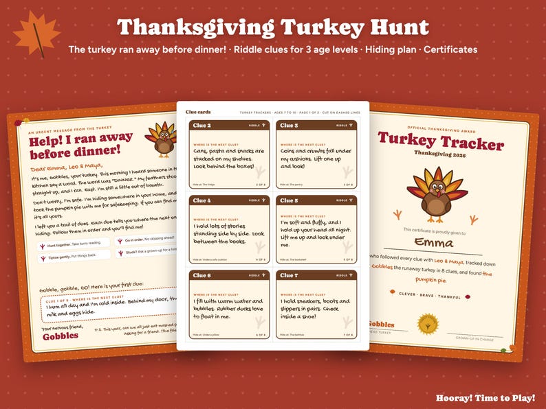 Thanksgiving Scavenger Hunt for Kids, Personalized Turkey Hunt, Runaway Turkey Riddle Clues, Printable Thanksgiving Game, Instant Download 画像 1